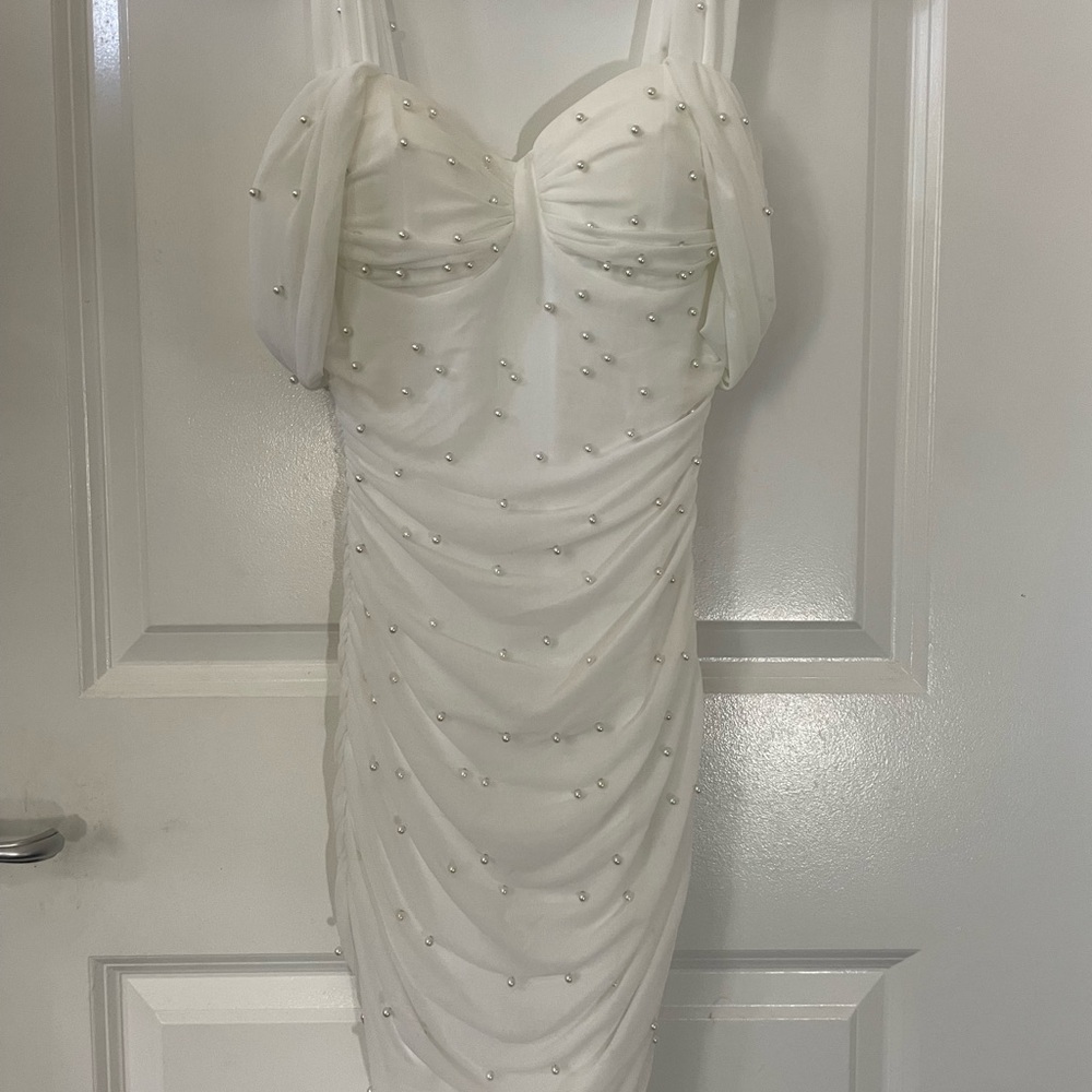 Windsor Elegant White Pearl-Embellished Dress